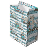 かわいいテディベア男の赤ちゃんシャワーブルー ミディアムペーパーバッグ (正面アングル)