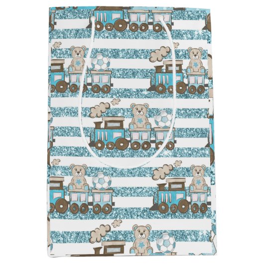 かわいいテディベア男の赤ちゃんシャワーブルー ミディアムペーパーバッグ (正面)