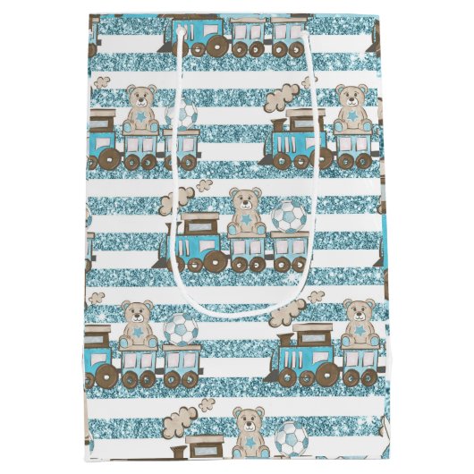 かわいいテディベア男の赤ちゃんシャワーブルー ミディアムペーパーバッグ (裏面)