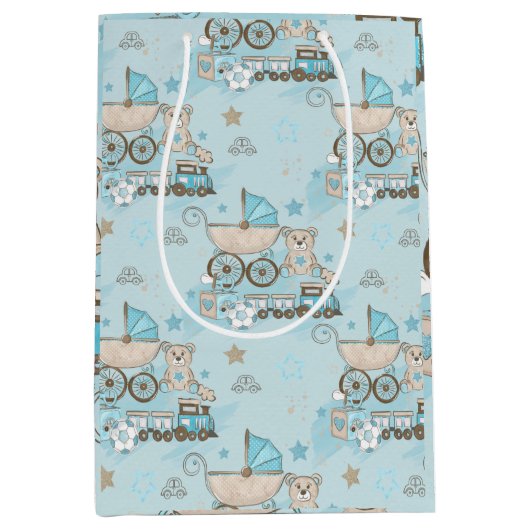 かわいいテディベア男の赤ちゃんシャワーブルー ミディアムペーパーバッグ (正面)