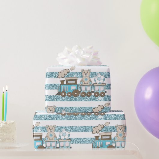 かわいいテディベア男の赤ちゃんシャワーブルー ラッピングペーパー (パーティーギフト)