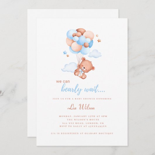 かわいいテディベア男女兼用ベビーシャワー 招待状 (正面/裏面)