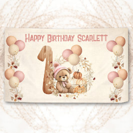 かわいいテディベア秋ガールピンクベーリー1st誕生日 横断幕