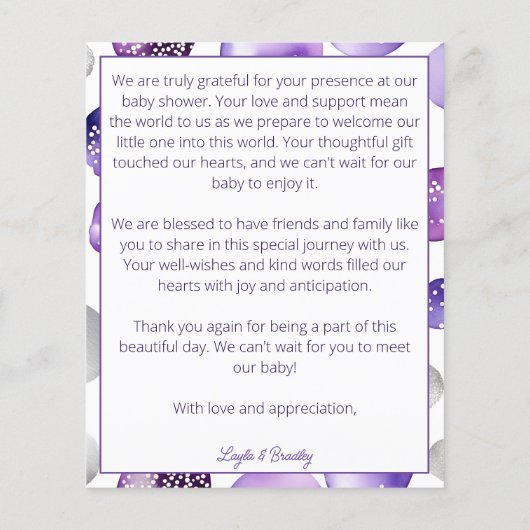 かわいいテディベア紫の赤ちゃんシャワーサンキューカード (裏面)