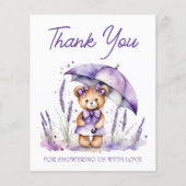 かわいいテディベア紫の赤ちゃんシャワーサンキューカード (正面)