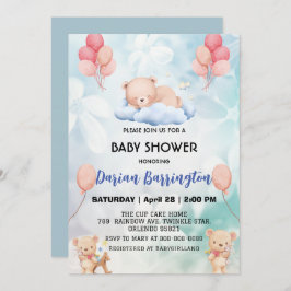 かわいいテディベア花気球ベビーシャワーパーティー 招待状