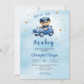 かわいいテディベア警官の男の子の赤ちゃんシャワー 招待状 (正面)