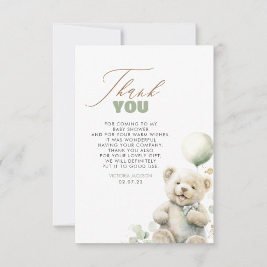 かわいいテディベア赤ちゃんシャワーありがとう サンキューカード (正面)