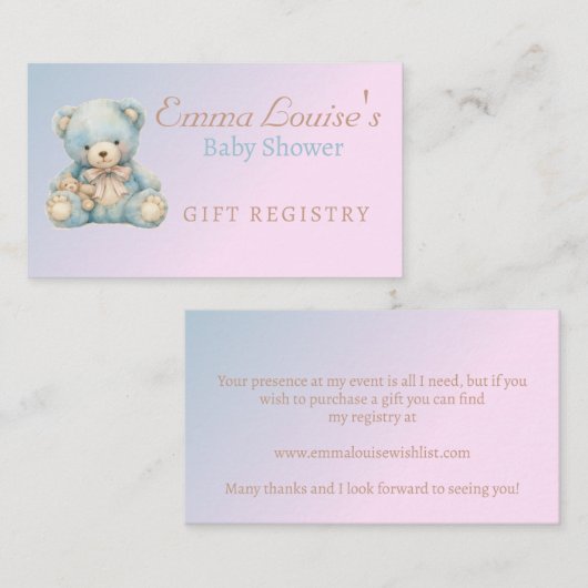 かわいいテディベア赤ちゃんシャワーのギフトレジストリ エンクロージャーカード (正面/裏面)