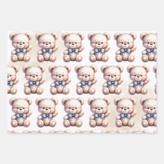かわいいテディベア赤ちゃんシャワー水色 ラッピングペーパーシート (正面2)