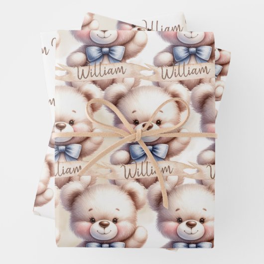 かわいいテディベア赤ちゃんシャワー水色 ラッピングペーパーシート (インサイチュ)