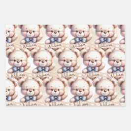 かわいいテディベア赤ちゃんシャワー水色 ラッピングペーパーシート