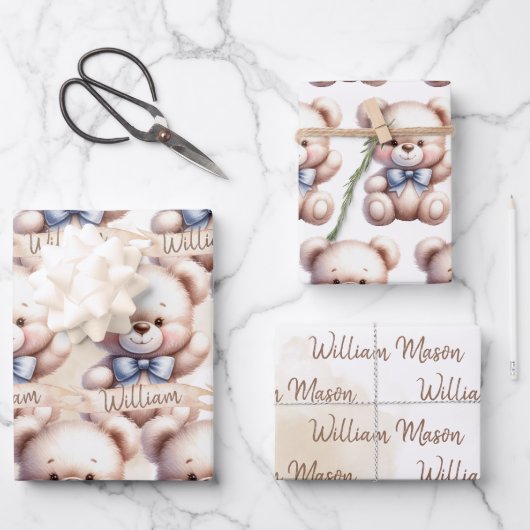 かわいいテディベア赤ちゃんシャワー水色 ラッピングペーパーシート (正面)