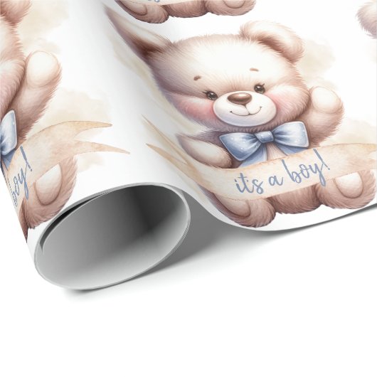 かわいいテディベア赤ちゃんシャワー男の子の水色 ラッピングペーパー (ロールコーナー)