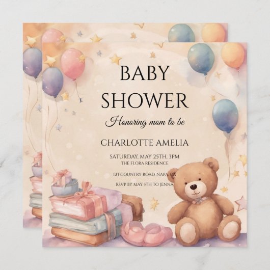 かわいいテディベア赤ちゃんシャワー セーブザデート (正面/裏面)