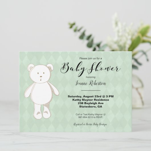 かわいいテディベア赤ちゃんシャワー |ニュートラルグリーンアーガイル (スタンド正面)