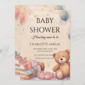 かわいいテディベア赤ちゃんシャワー 招待状 (正面/裏面)