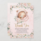 かわいいテディベア赤面ピンクフローラガールベビーシャワー サンキューカード (正面/裏面)