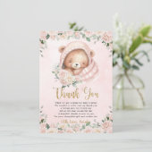 かわいいテディベア赤面ピンクフローラガールベビーシャワー サンキューカード (スタンド正面)