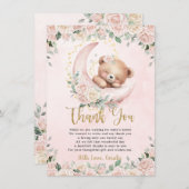 かわいいテディベア赤面ピンクフローラガールベビーシャワー サンキューカード (正面/裏面)