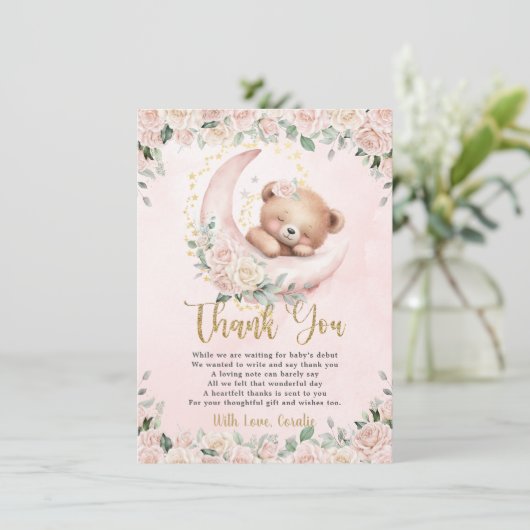 かわいいテディベア赤面ピンクフローラガールベビーシャワー サンキューカード (スタンド正面)