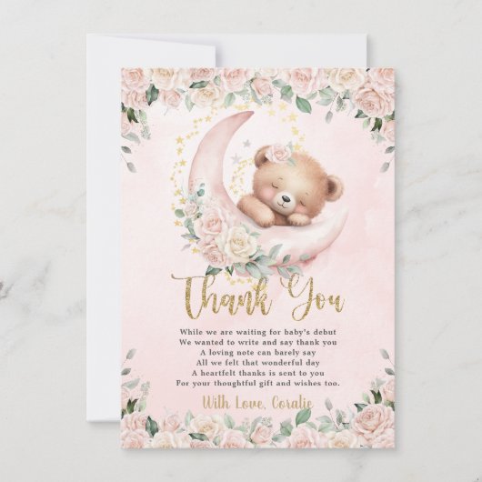 かわいいテディベア赤面ピンクフローラガールベビーシャワー サンキューカード (正面)
