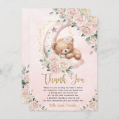 かわいいテディベア赤面ピンクフローラガールベビーシャワー サンキューカード (正面/裏面)