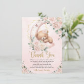 かわいいテディベア赤面ピンクフローラガールベビーシャワー サンキューカード (スタンド正面)