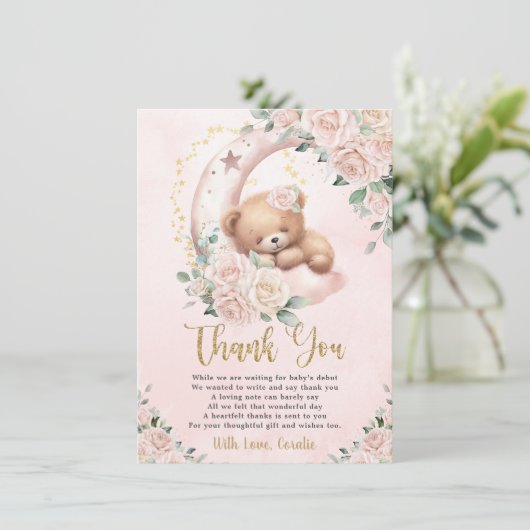 かわいいテディベア赤面ピンクフローラガールベビーシャワー サンキューカード (スタンド正面)