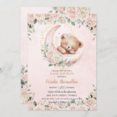 かわいいテディベア赤面ピンクフローラガールベビーシャワー 招待状 (正面/裏面)