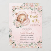 かわいいテディベア赤面ピンクフローラガールベビーシャワー 招待状 (正面/裏面)