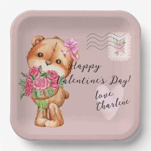 かわいいテディベア郵便バレンタインデー ペーパープレート (正面)