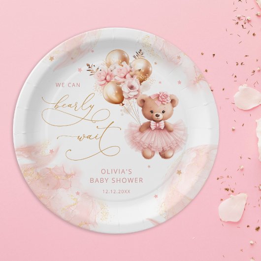 かわいいテディベア金ゴールドバルーンピンクベビーガールシャワー ペーパープレート