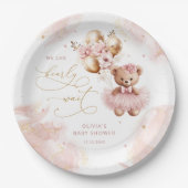 かわいいテディベア金ゴールドバルーンピンクベビーガールシャワー ペーパープレート (正面)