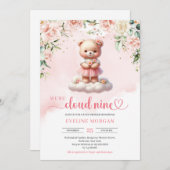 かわいいテディベア雲9女の子の赤ちゃんシャワー招待状 招待状 (正面/裏面)