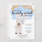 かわいいテディベア青いバルーン男の子シャワー 招待状 (正面)