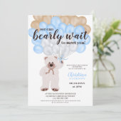 かわいいテディベア青いバルーン男の子シャワー 招待状 (スタンド正面)