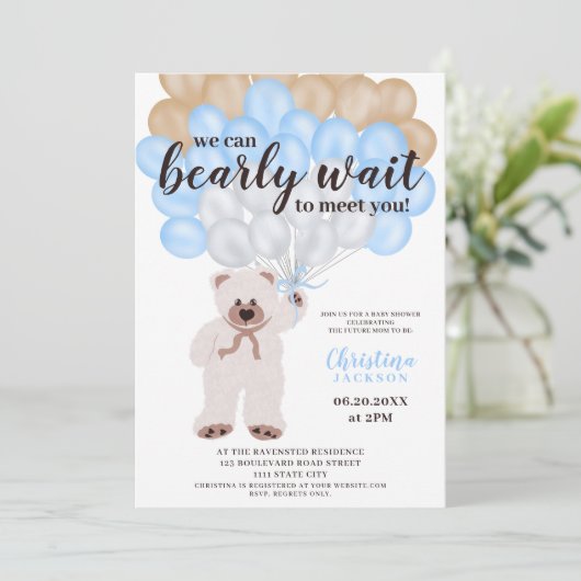 かわいいテディベア青いバルーン男の子シャワー 招待状 (スタンド正面)
