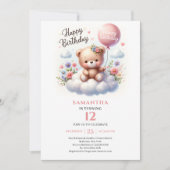 かわいいテディベア風船花の女の子の誕生日 招待状 (正面)