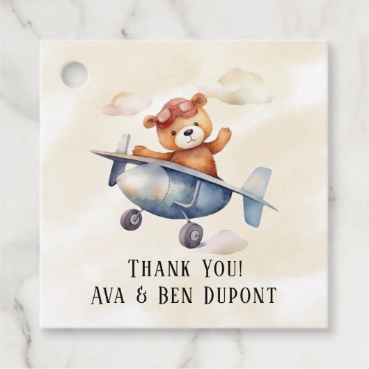 かわいいテディベア飛行機の誕生日パーティーありがとう フェイバータグ (正面)