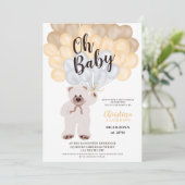 かわいいテディベア黄色のバルーン中性ベビーシャワー 招待状 (スタンド正面)