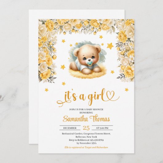 かわいいテディベア黄色の花の女の子ベビーシャワー 招待状 (正面/裏面)