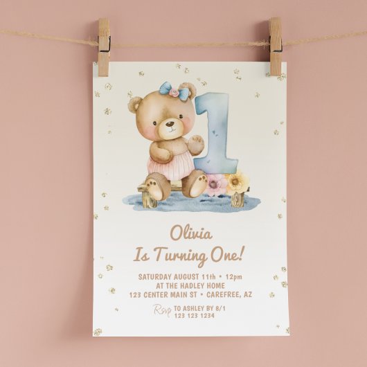 かわいいテディベア1歳の誕生日 招待状