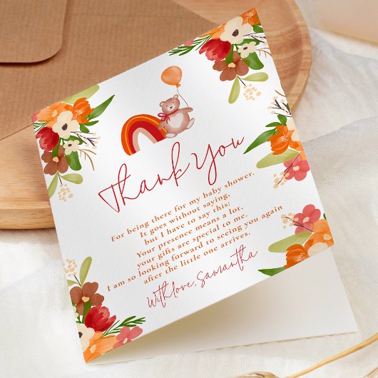 かわいいテディベア　ありがとう　虹色のベビーシャワー サンキューカード
