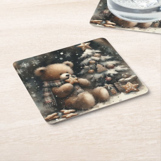 かわいいテディベア・クリスマス スクエアペーパーコースター (アングル)