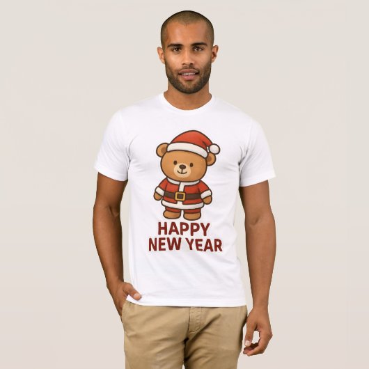 かわいいテディベア サンタ 2025年 新年 ステッカー Tシャツ (正面フル)