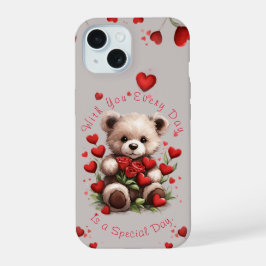 かわいいテディベア ハート 赤いバラ バレンタインデー iPhone 15ケース