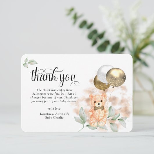 かわいいテディベア&バルーン中立ベビーシャワー サンキューカード (スタンド正面)