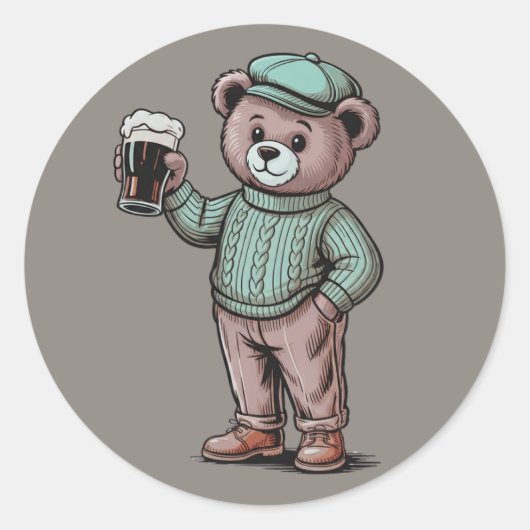 かわいいテディベア ビールを持つ ラウンドシール (正面)