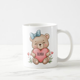 かわいいテディベア ピンクのハートを持つ コーヒーマグカップ